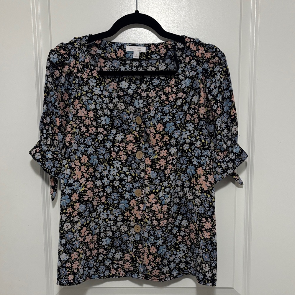 LC Lauren Conrad Black Floral Button-Front Blouse with Pink & Blue Flowers